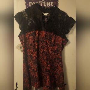 GOTH Black lace red rose top with corset strings in the back by ChicStar..